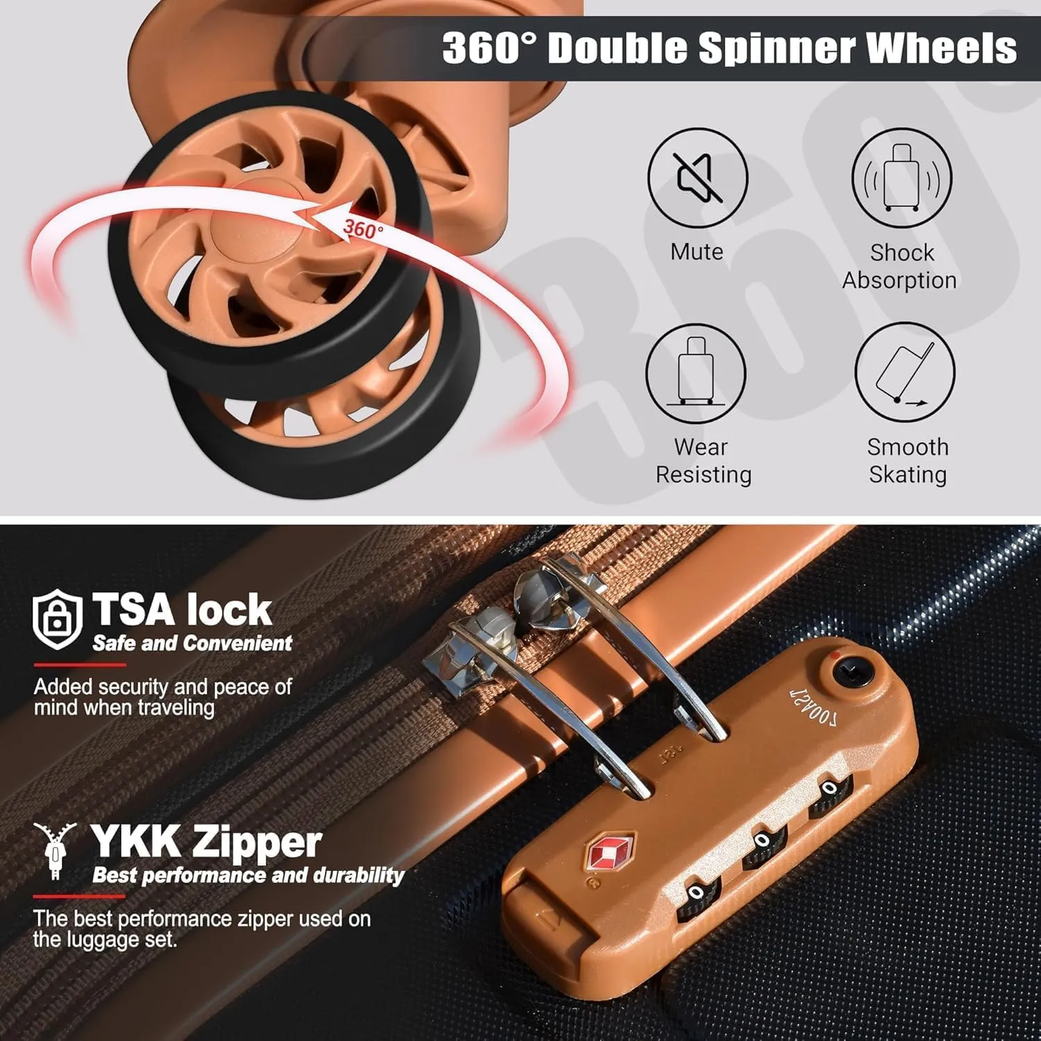 Classic Light Weight Hardside Expandable Spinner Wheels Luggage Suitcase W/TSA Lock, Apricot Black, 3 Piece Set