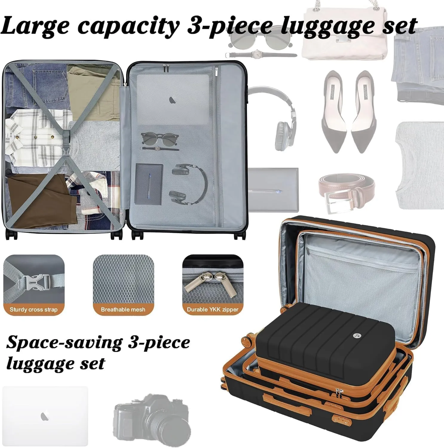 Classic Light Weight Hardside Expandable Spinner Wheels Luggage Suitcase W/TSA Lock, Apricot Black, 3 Piece Set