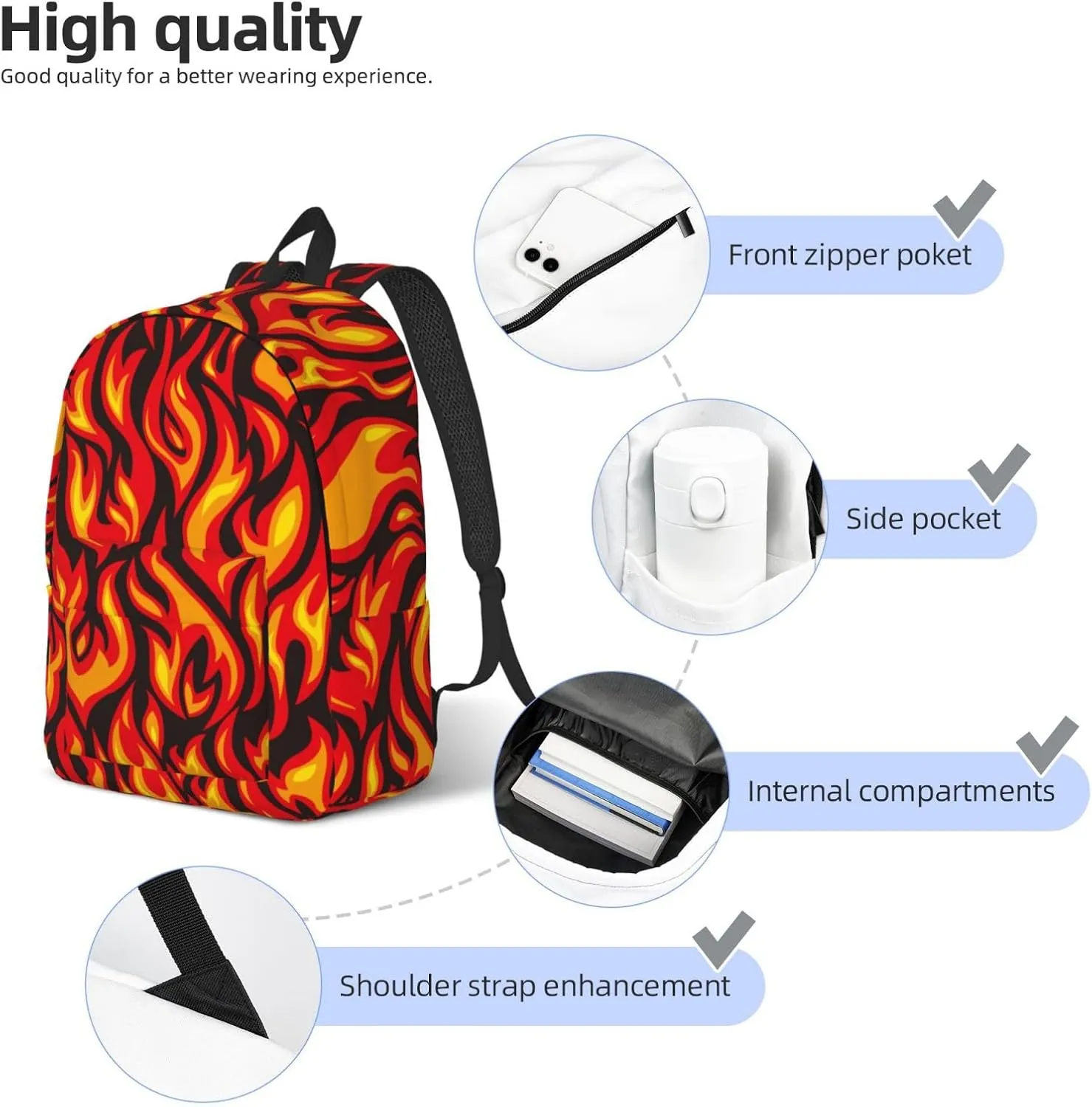 Cool Fire Fun Backpack for Girls Boys Women Lightweight Canvas Bookbag Casual Daypack for Travel Outdoor Camping, 17 Inch