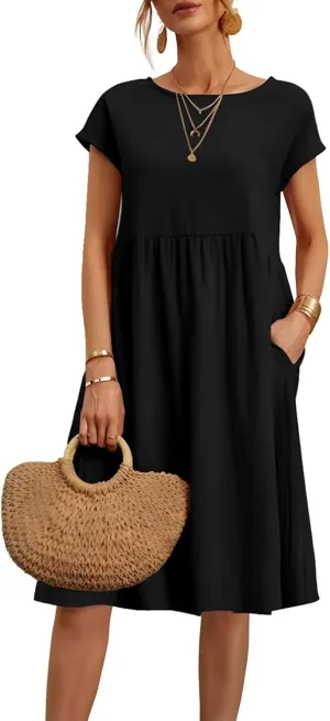 Cotton Dresses for Women 2025 Casual Summer Midi Dress Plus Size Short Sleeve Knee Length T Shirt Dress with Pockets