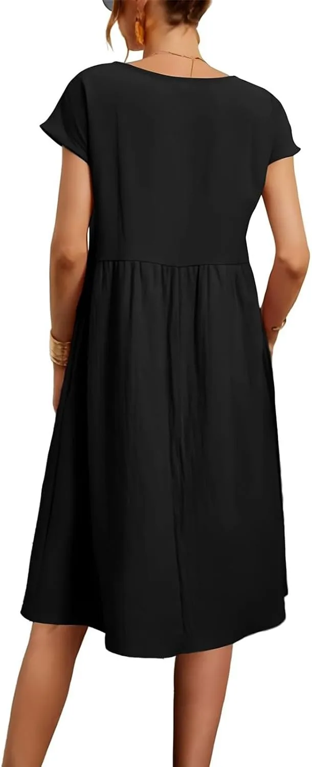 Cotton Dresses for Women 2025 Casual Summer Midi Dress Plus Size Short Sleeve Knee Length T Shirt Dress with Pockets