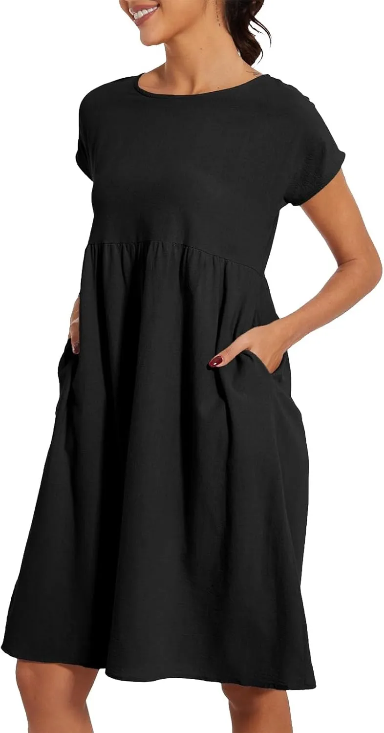 Cotton Dresses for Women 2025 Casual Summer Midi Dress Plus Size Short Sleeve Knee Length T Shirt Dress with Pockets