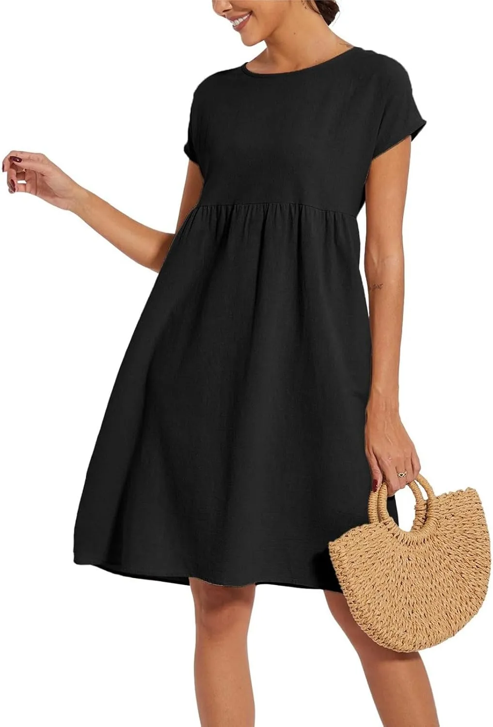 Cotton Dresses for Women 2025 Casual Summer Midi Dress Plus Size Short Sleeve Knee Length T Shirt Dress with Pockets