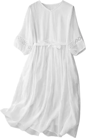 Cotton Linen Bohemian Style Dress for Women V Neck Long Sleeve Lace Trim Waist Tie Loose Fit Summer Dress Vintage