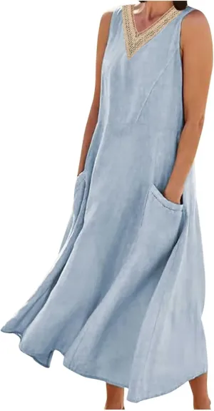 Cotton Linen Dress Women Plus Size Lace V Neck Sleeveless Summer Casual Beach Vacation Sundress Boho Flowy Midi Dress