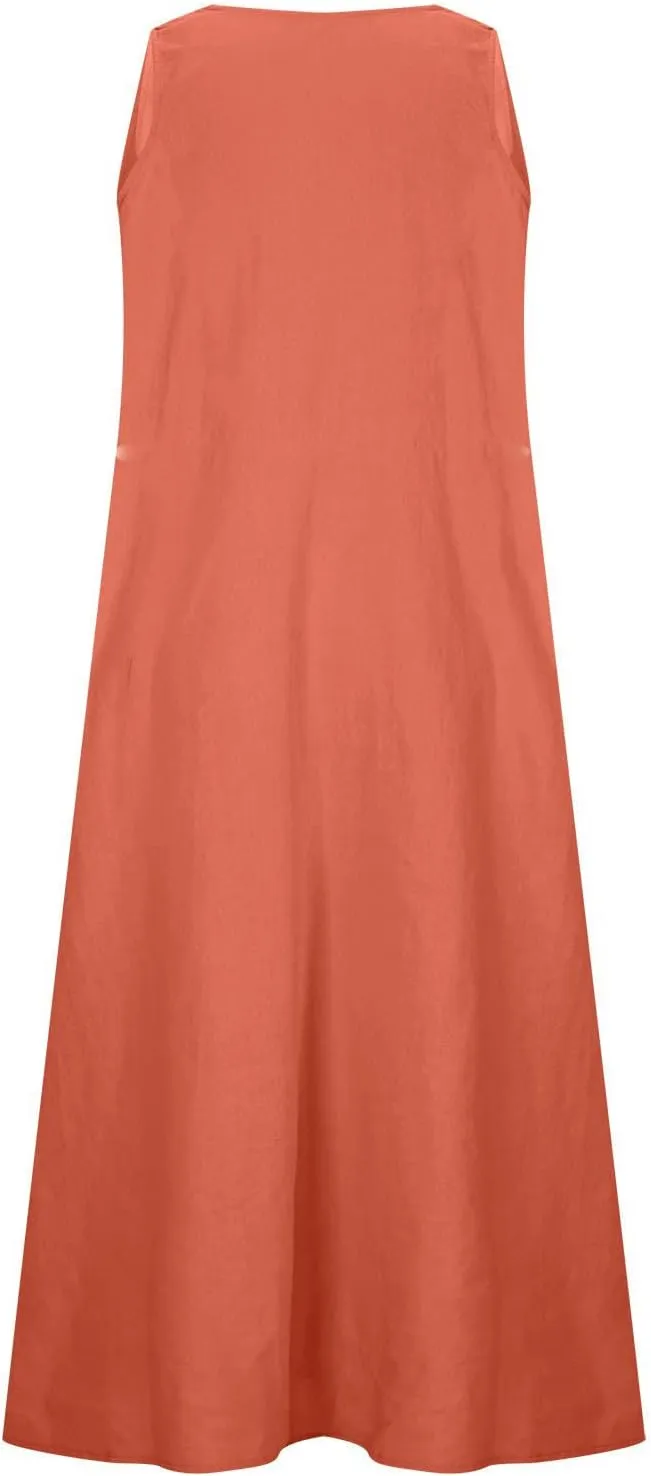 Cotton Linen Dress Women Plus Size Lace V Neck Sleeveless Summer Casual Beach Vacation Sundress Boho Flowy Midi Dress