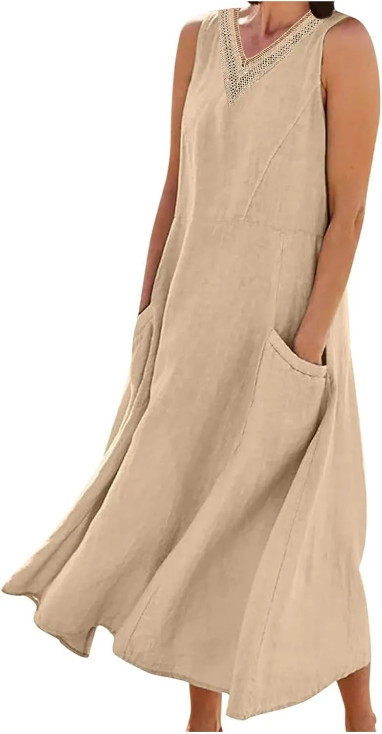 Cotton Linen Dress Women Plus Size Lace V Neck Sleeveless Summer Casual Beach Vacation Sundress Boho Flowy Midi Dress
