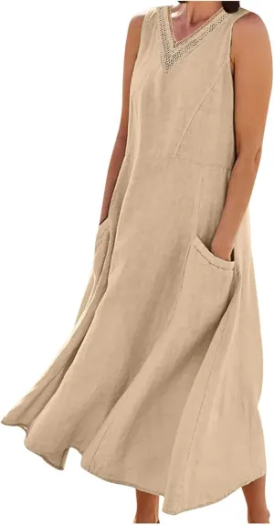 Cotton Linen Dress Women Plus Size Lace V Neck Sleeveless Summer Casual Beach Vacation Sundress Boho Flowy Midi Dress
