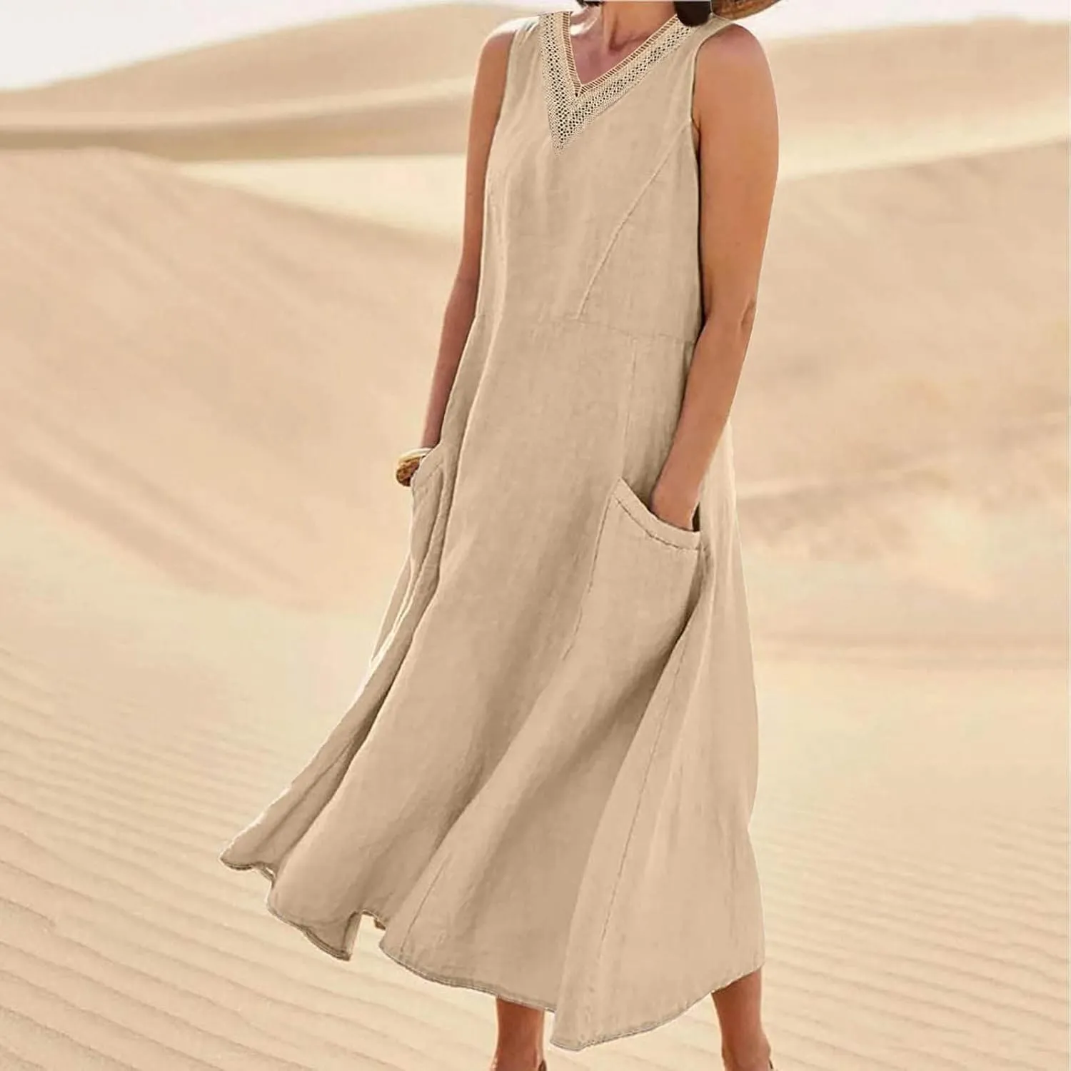 Cotton Linen Dress Women Plus Size Lace V Neck Sleeveless Summer Casual Beach Vacation Sundress Boho Flowy Midi Dress