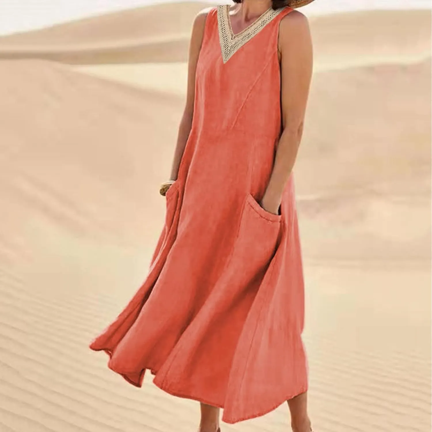 Cotton Linen Dress Women Plus Size Lace V Neck Sleeveless Summer Casual Beach Vacation Sundress Boho Flowy Midi Dress