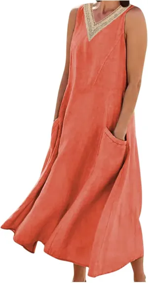 Cotton Linen Dress Women Plus Size Lace V Neck Sleeveless Summer Casual Beach Vacation Sundress Boho Flowy Midi Dress