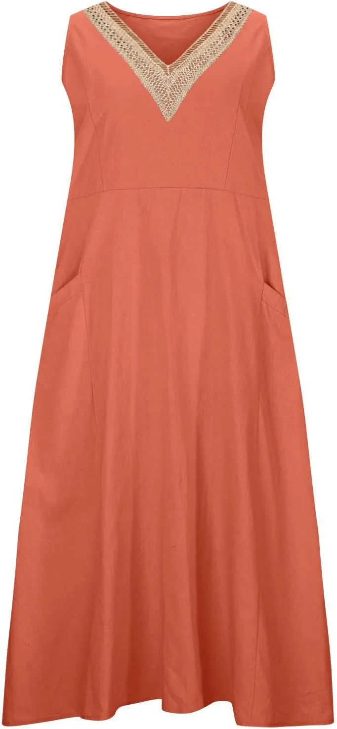 Cotton Linen Dress Women Plus Size Lace V Neck Sleeveless Summer Casual Beach Vacation Sundress Boho Flowy Midi Dress