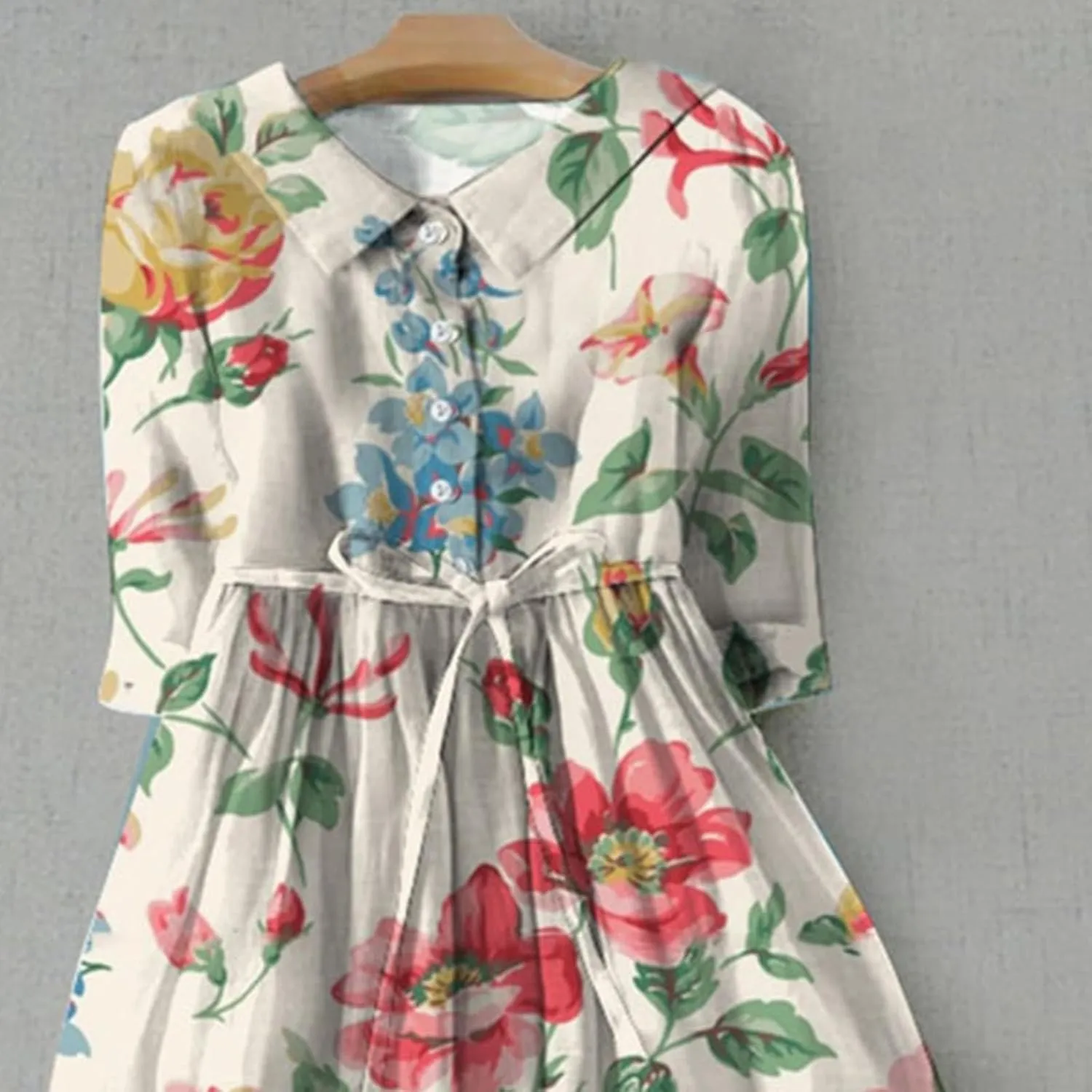 Cotton Linen Dresses for Women 2024 Maxi Button Down Plus Size A Line Dress Trendy 3/4 Sleeve Floral Dress Summer Dresses