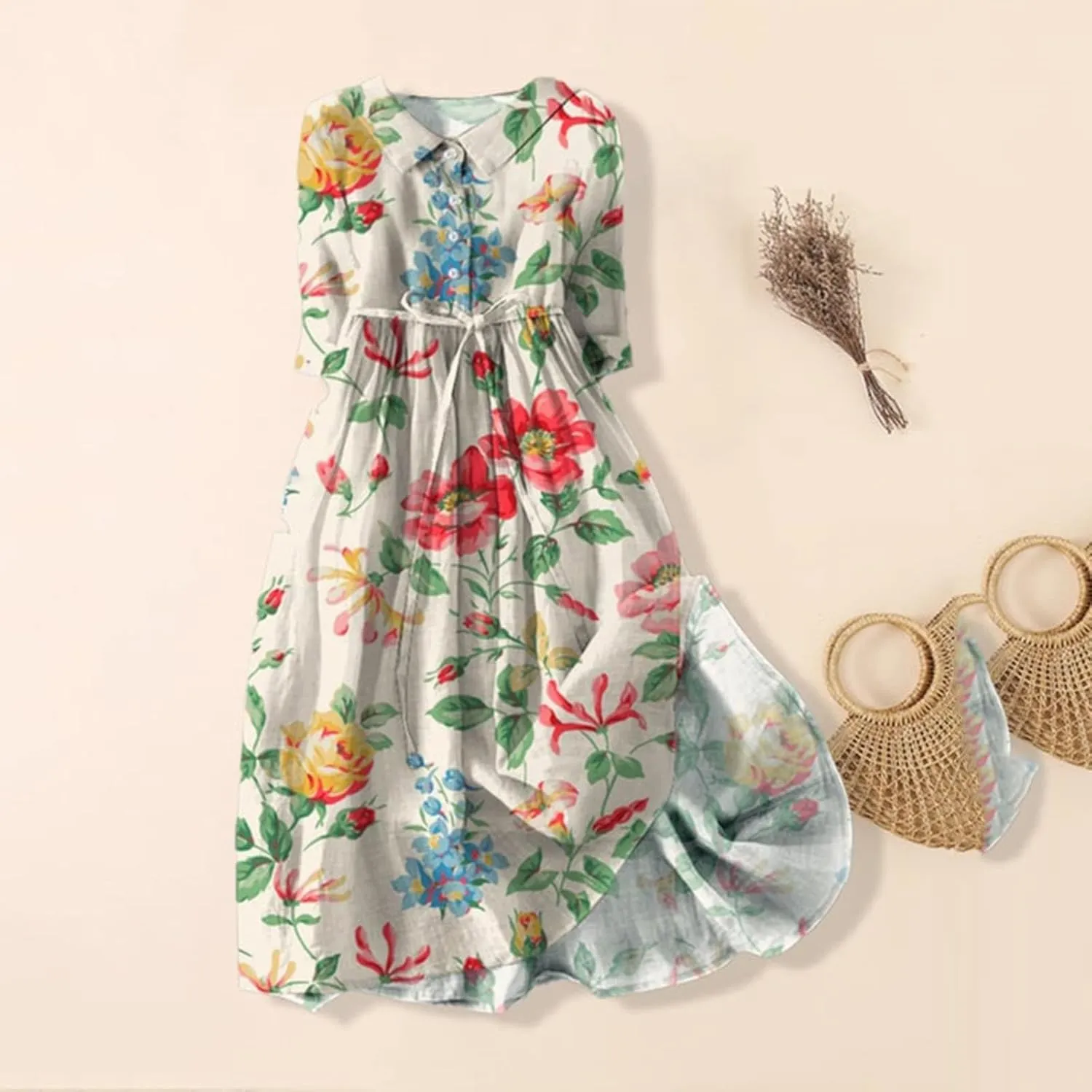 Cotton Linen Dresses for Women 2024 Maxi Button Down Plus Size A Line Dress Trendy 3/4 Sleeve Floral Dress Summer Dresses