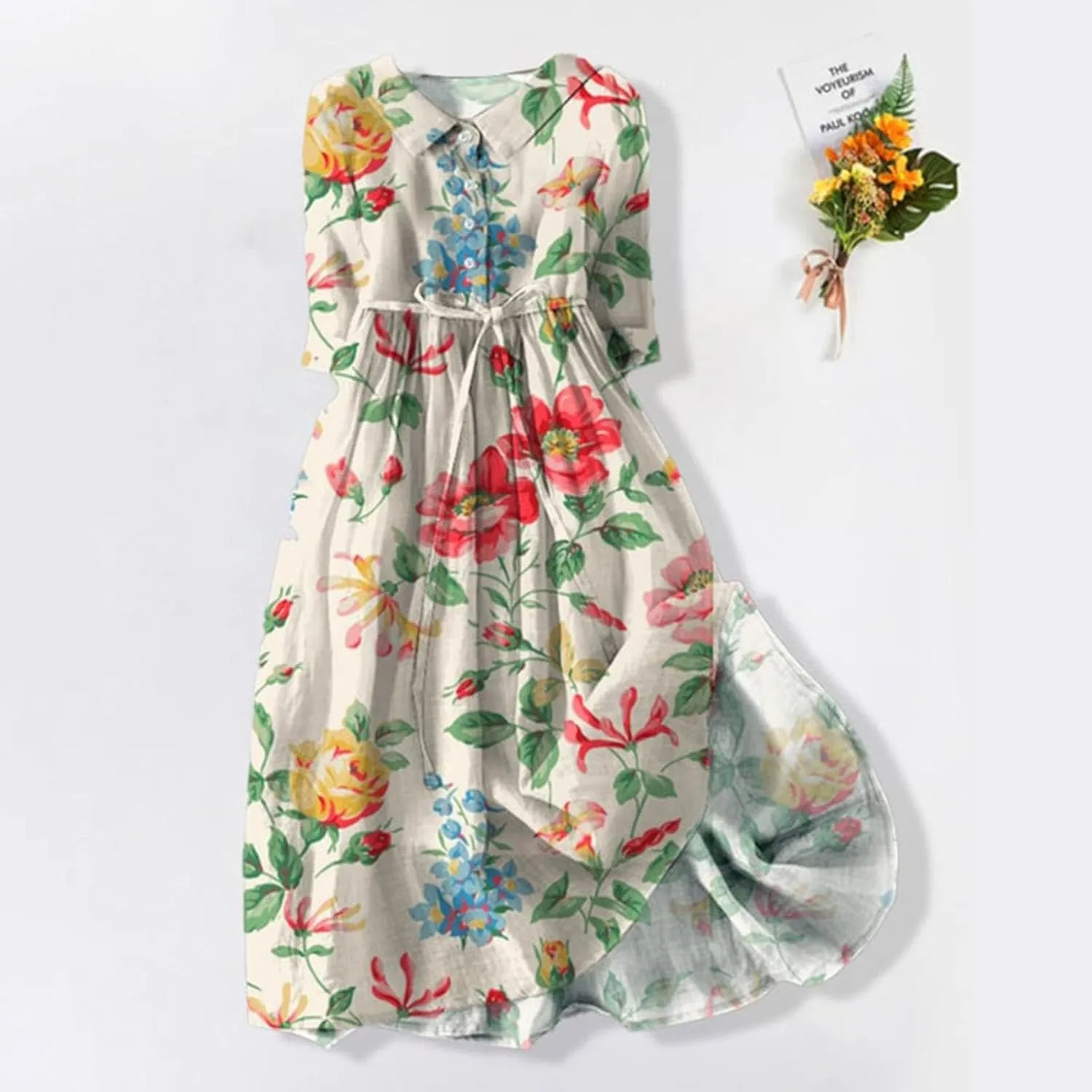 Cotton Linen Dresses for Women 2024 Maxi Button Down Plus Size A Line Dress Trendy 3/4 Sleeve Floral Dress Summer Dresses