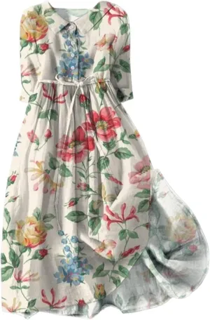 Cotton Linen Dresses for Women 2024 Maxi Button Down Plus Size A Line Dress Trendy 3/4 Sleeve Floral Dress Summer Dresses