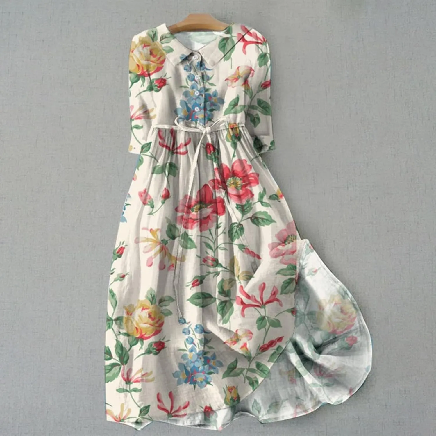 Cotton Linen Dresses for Women 2024 Maxi Button Down Plus Size A Line Dress Trendy 3/4 Sleeve Floral Dress Summer Dresses