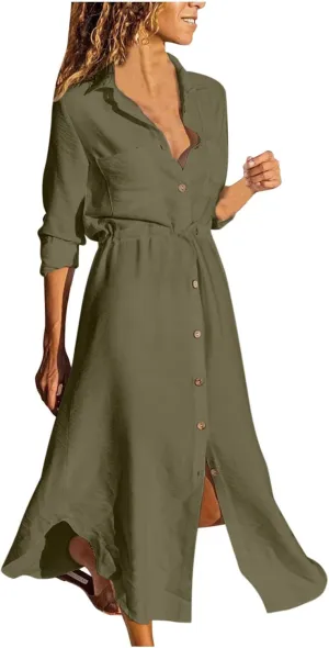 Cotton Linen Dresses for Women 2025 Casual Spring Loose Lapel Drawstring Shirt Dress Solid Color Button Dress