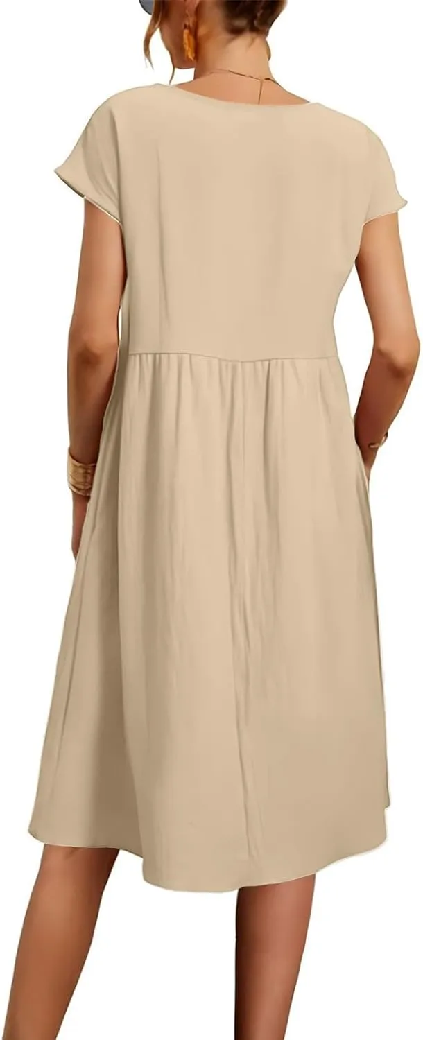 Cotton Linen Dresses for Women 2025 Summer Crewneck Short Sleeve Boho Maxi Dress Casual Loose Beach Dresses with Pockets