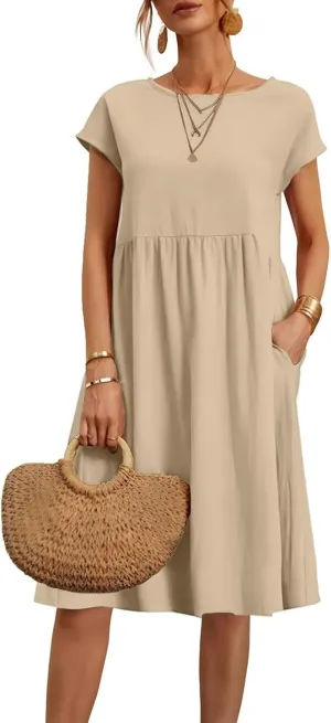 Cotton Linen Dresses for Women 2025 Summer Crewneck Short Sleeve Boho Maxi Dress Casual Loose Beach Dresses with Pockets