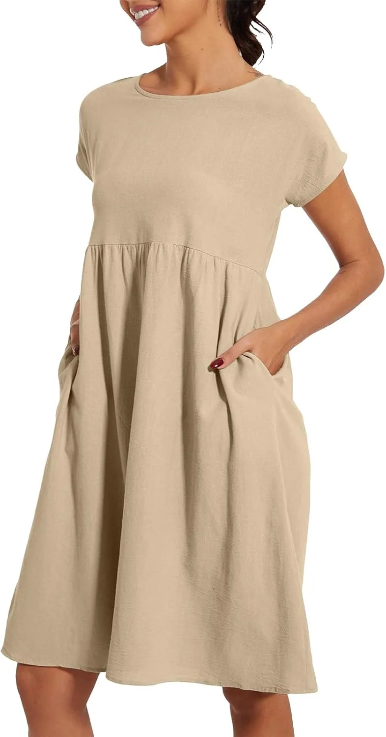 Cotton Linen Dresses for Women 2025 Summer Crewneck Short Sleeve Boho Maxi Dress Casual Loose Beach Dresses with Pockets