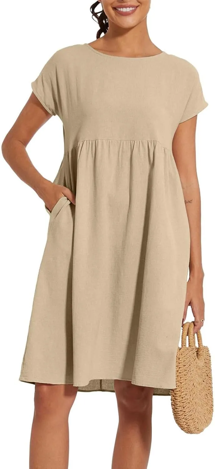 Cotton Linen Dresses for Women 2025 Summer Crewneck Short Sleeve Boho Maxi Dress Casual Loose Beach Dresses with Pockets