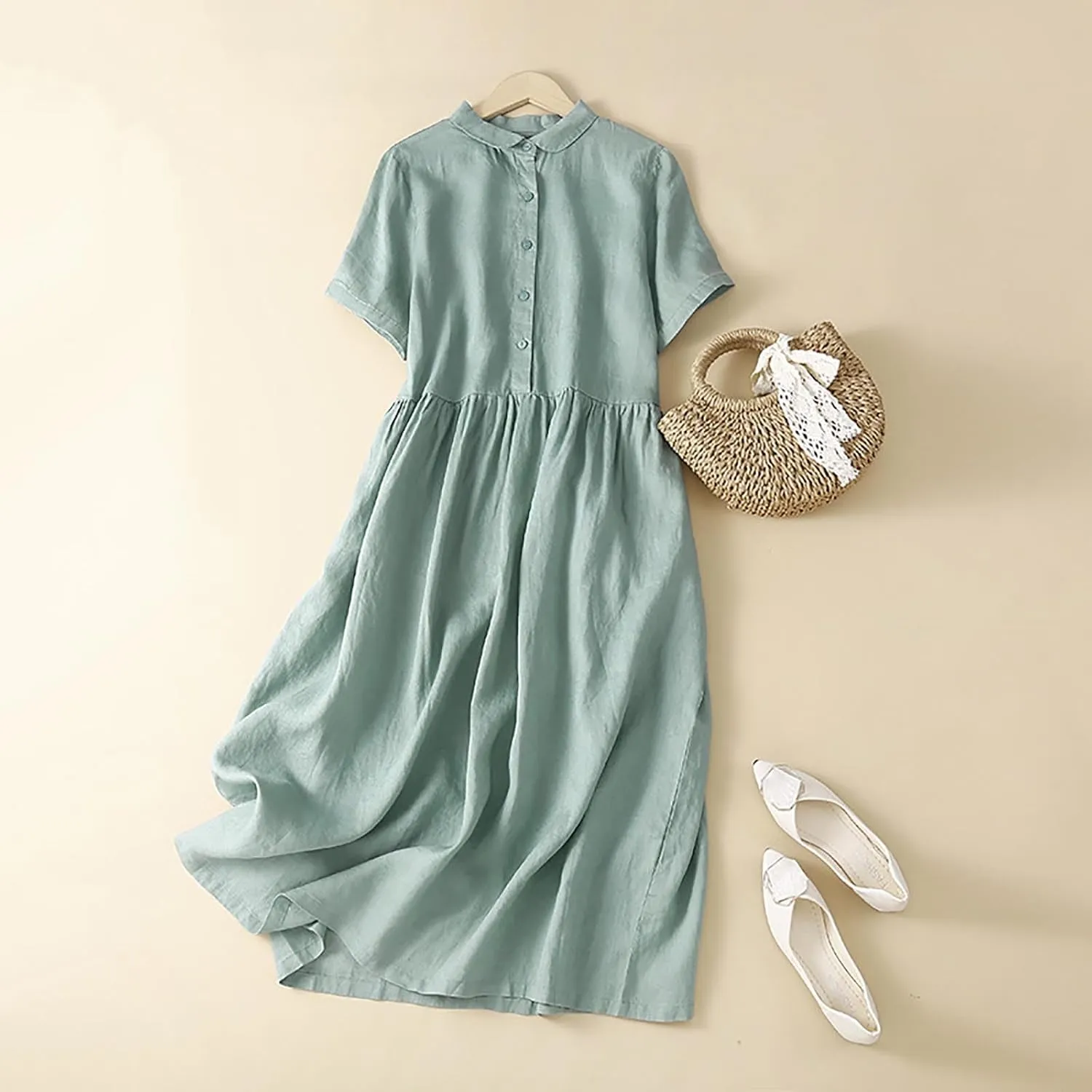 Cotton Linen Dresses for Women Casual Short Sleeve Collared Maxi Dress Spring Vacation Fashion Elegantes Dresses