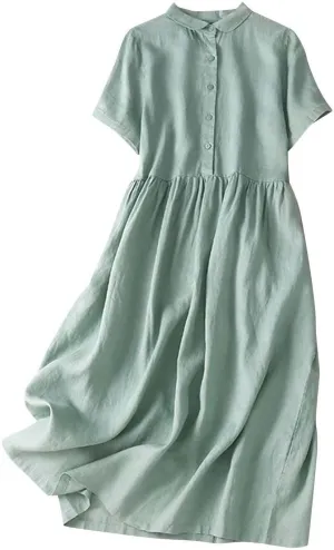 Cotton Linen Dresses for Women Casual Short Sleeve Collared Maxi Dress Spring Vacation Fashion Elegantes Dresses