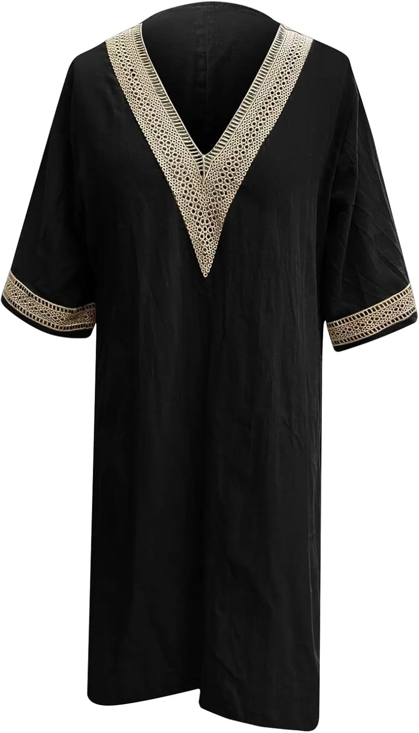 Cotton Linen Midi Dress for Women Hollow Out Deep V-Neck Half Sleeve Dresses 2025 Solid Color Casual Beach Dress