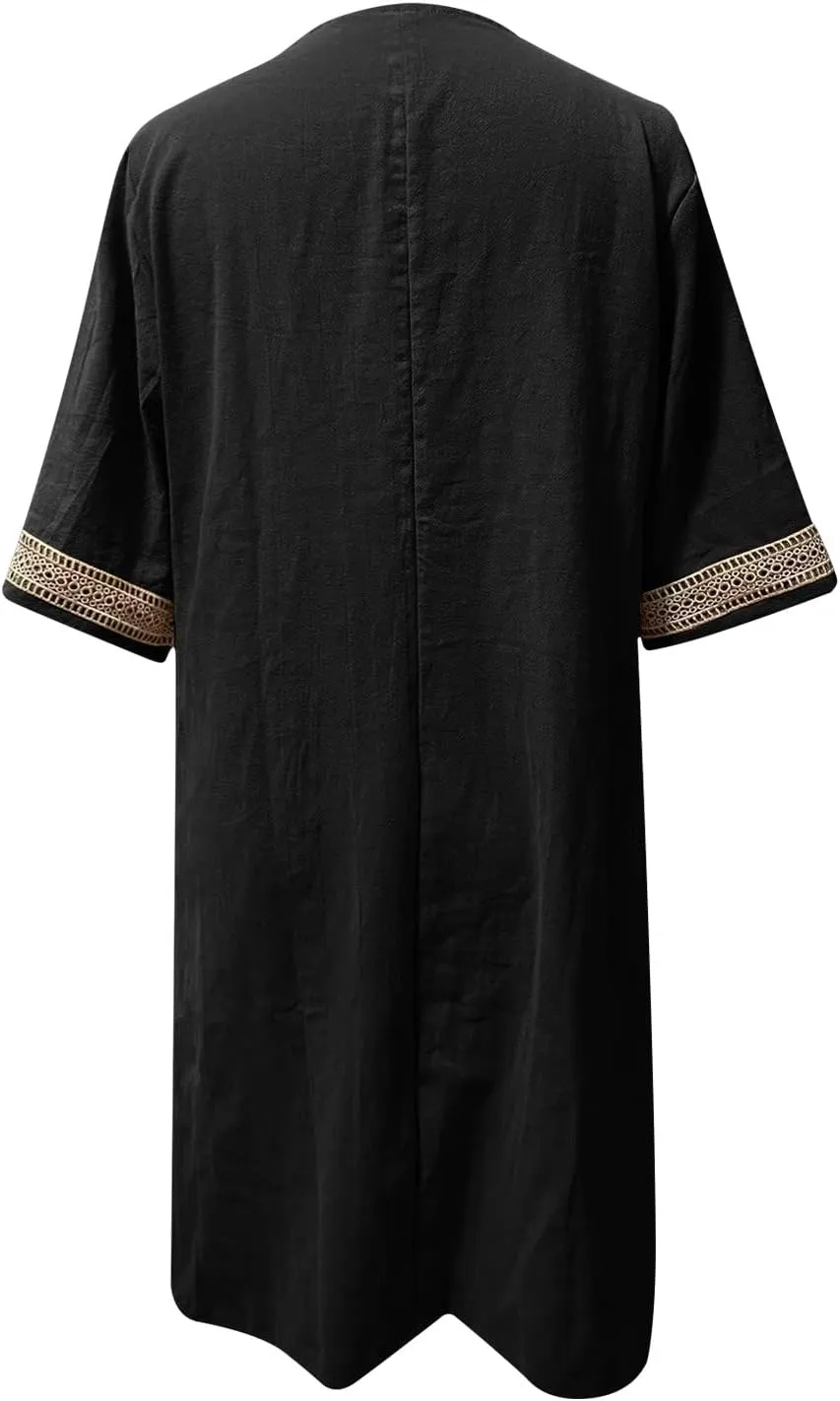 Cotton Linen Midi Dress for Women Hollow Out Deep V-Neck Half Sleeve Dresses 2025 Solid Color Casual Beach Dress