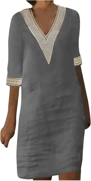 Cotton Linen Midi Dress for Women Hollow Out Deep V-Neck Half Sleeve Dresses 2025 Solid Color Casual Beach Dress