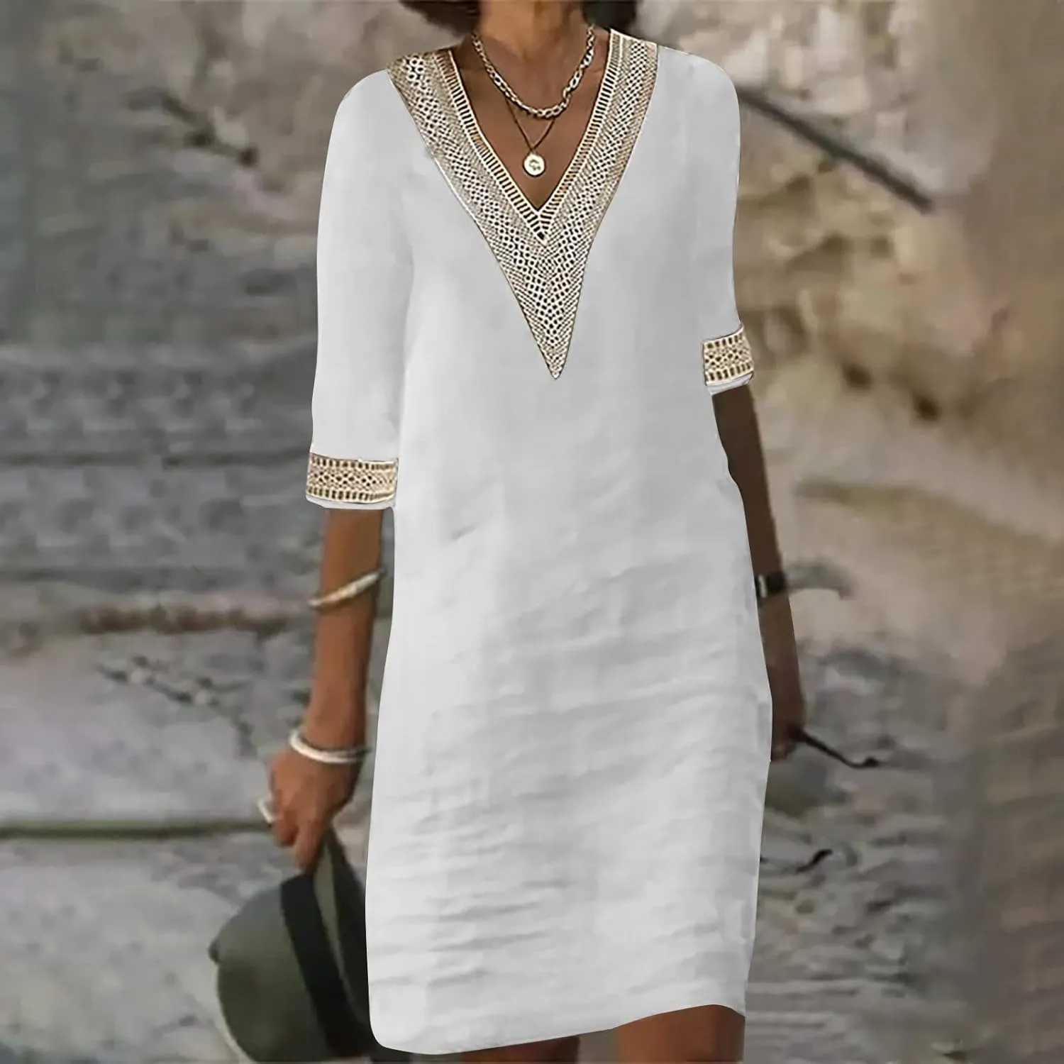 Cotton Linen Midi Dress for Women Hollow Out Deep V-Neck Half Sleeve Dresses 2025 Solid Color Casual Beach Dress