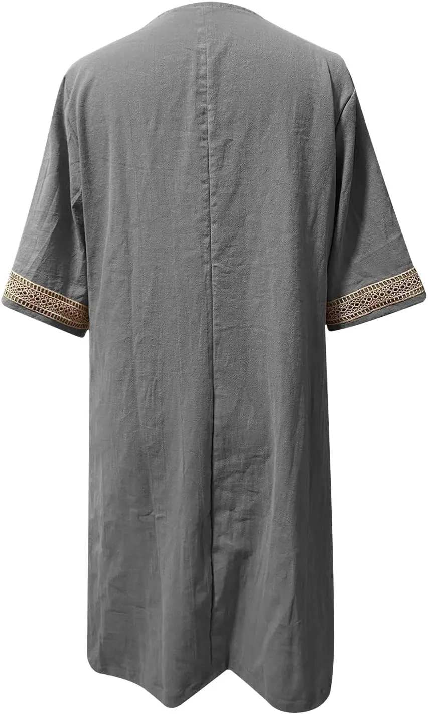 Cotton Linen Midi Dress for Women Hollow Out Deep V-Neck Half Sleeve Dresses 2025 Solid Color Casual Beach Dress