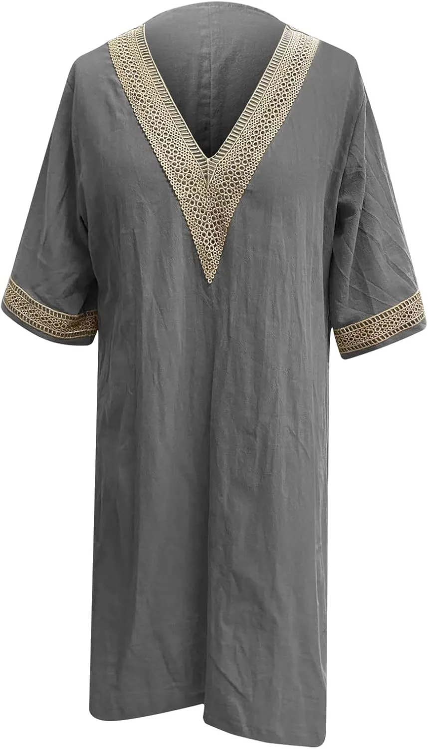 Cotton Linen Midi Dress for Women Hollow Out Deep V-Neck Half Sleeve Dresses 2025 Solid Color Casual Beach Dress