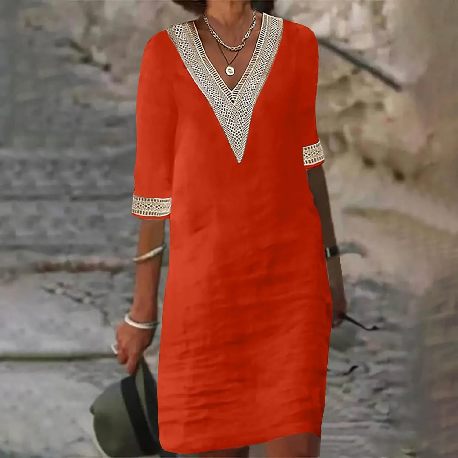 Cotton Linen Midi Dress for Women Hollow Out Deep V-Neck Half Sleeve Dresses 2025 Solid Color Casual Beach Dress