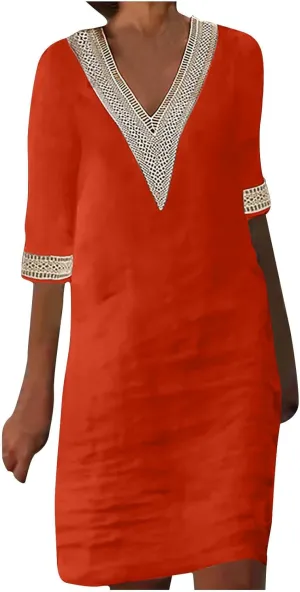 Cotton Linen Midi Dress for Women Hollow Out Deep V-Neck Half Sleeve Dresses 2025 Solid Color Casual Beach Dress
