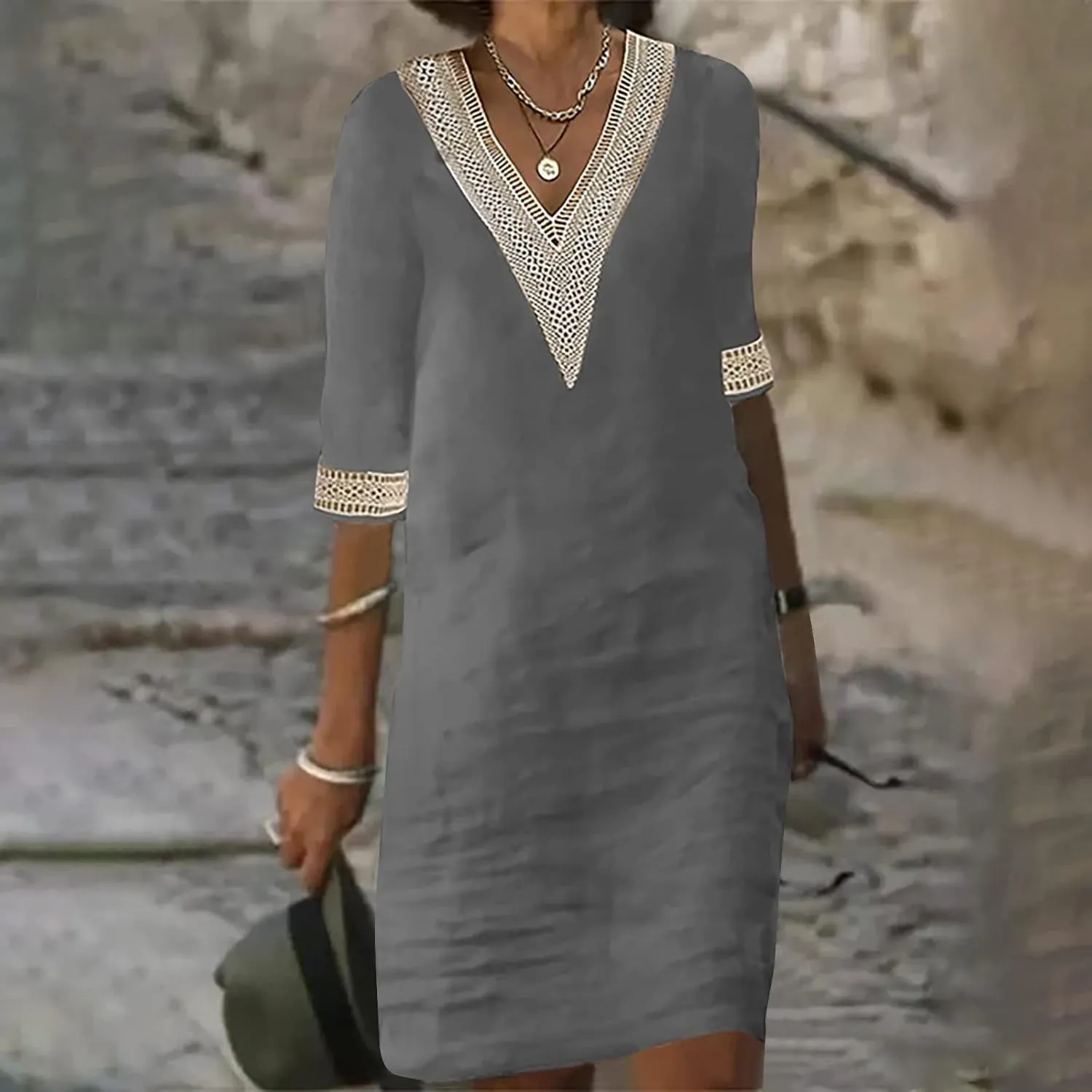 Cotton Linen Midi Dress for Women Hollow Out Deep V-Neck Half Sleeve Dresses 2025 Solid Color Casual Beach Dress