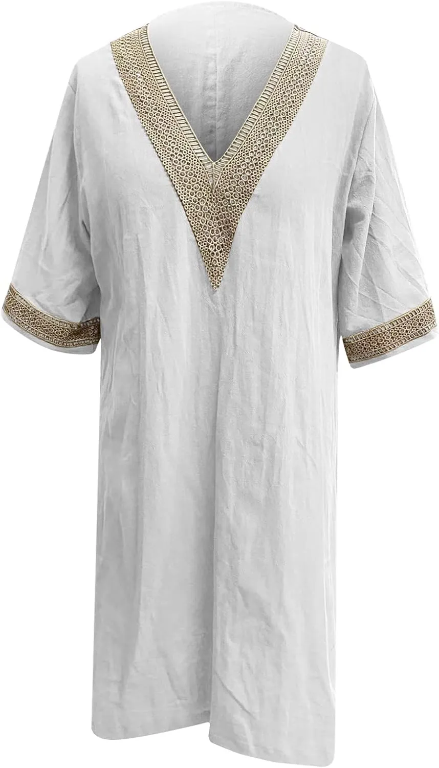 Cotton Linen Midi Dress for Women Hollow Out Deep V-Neck Half Sleeve Dresses 2025 Solid Color Casual Beach Dress