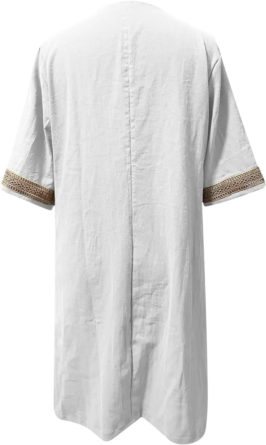 Cotton Linen Midi Dress for Women Hollow Out Deep V-Neck Half Sleeve Dresses 2025 Solid Color Casual Beach Dress