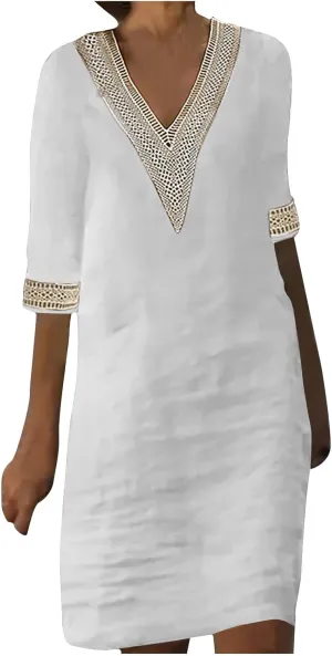 Cotton Linen Midi Dress for Women Hollow Out Deep V-Neck Half Sleeve Dresses 2025 Solid Color Casual Beach Dress