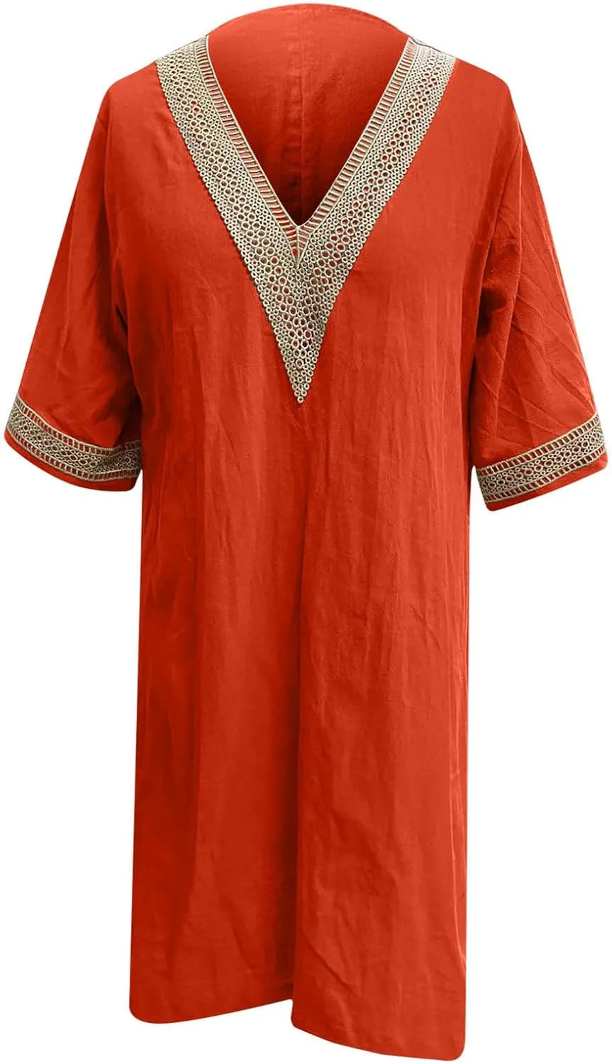 Cotton Linen Midi Dress for Women Hollow Out Deep V-Neck Half Sleeve Dresses 2025 Solid Color Casual Beach Dress