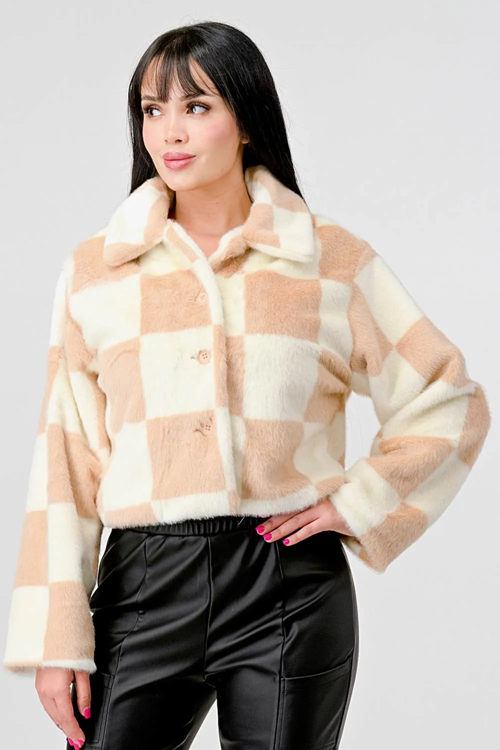 COZY FAUX FUR PLAID BUTTON DOWN FUZZY JACKETS