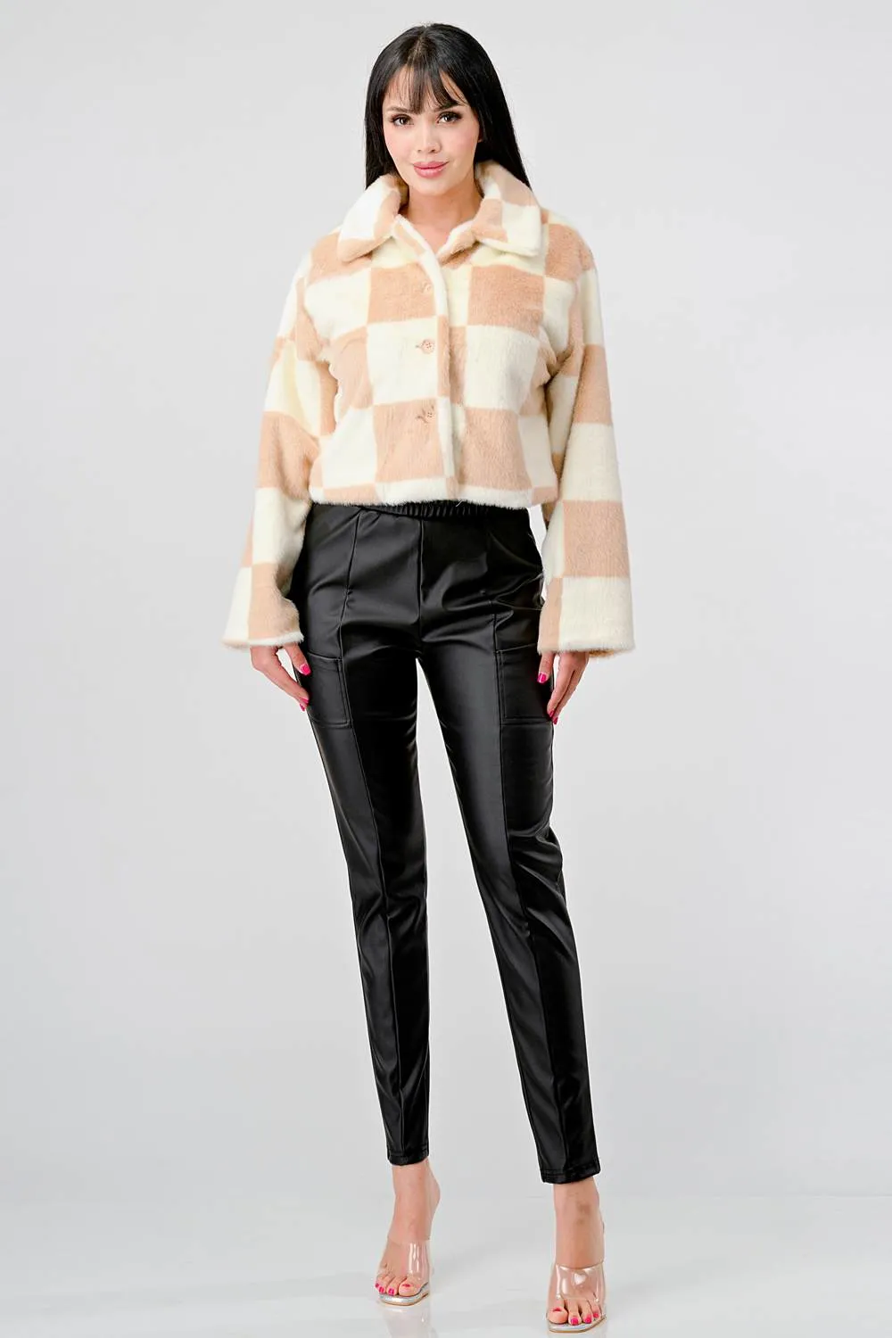 COZY FAUX FUR PLAID BUTTON DOWN FUZZY JACKETS