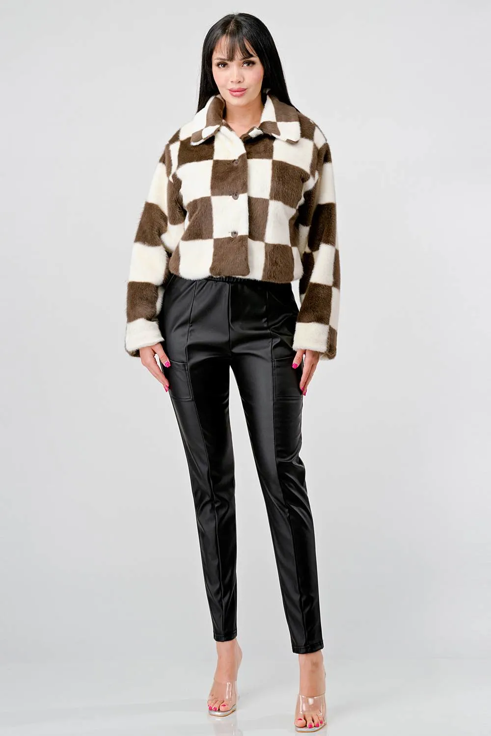 COZY FAUX FUR PLAID BUTTON DOWN FUZZY JACKETS