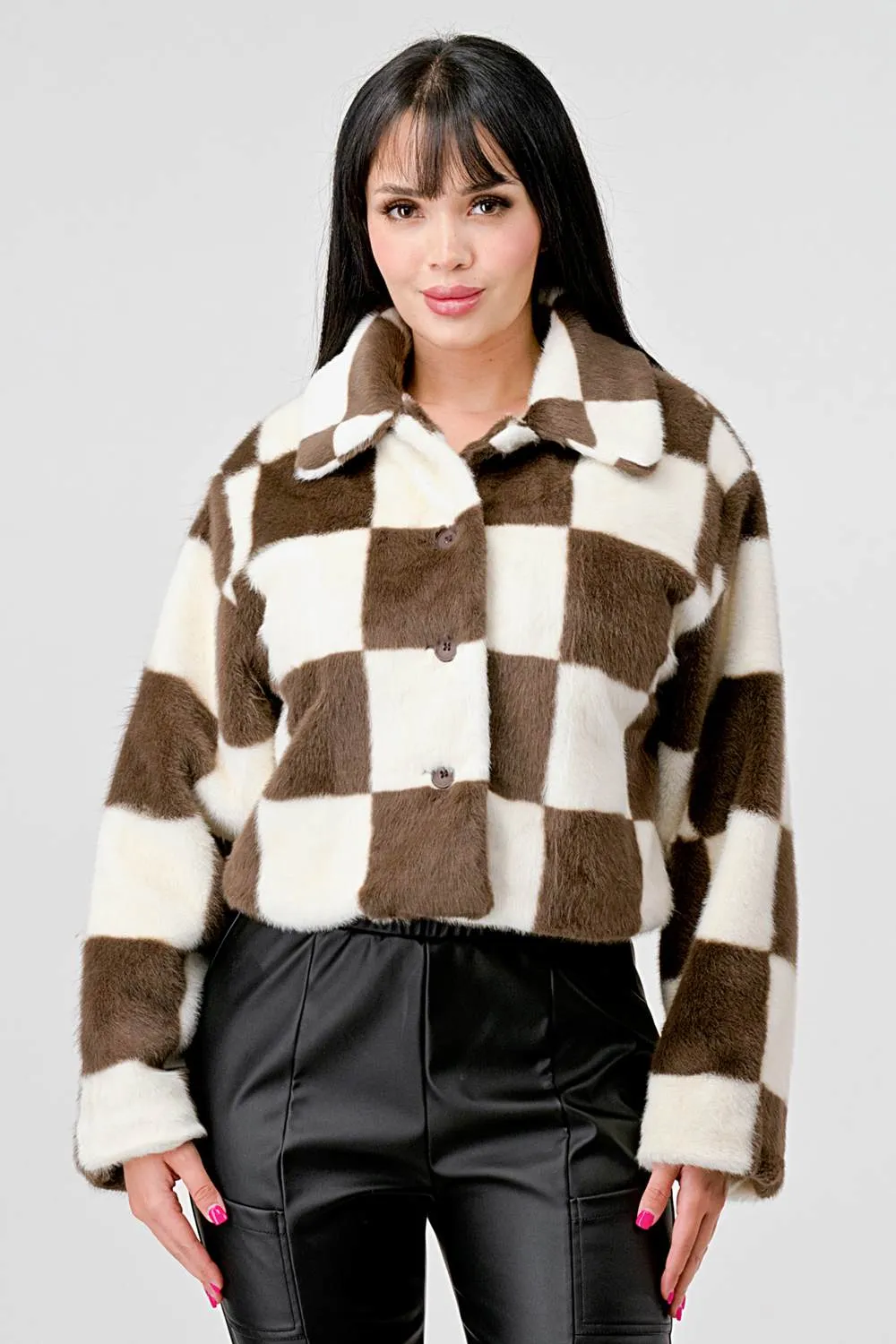 COZY FAUX FUR PLAID BUTTON DOWN FUZZY JACKETS