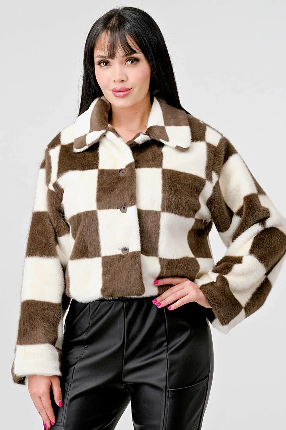 COZY FAUX FUR PLAID BUTTON DOWN FUZZY JACKETS