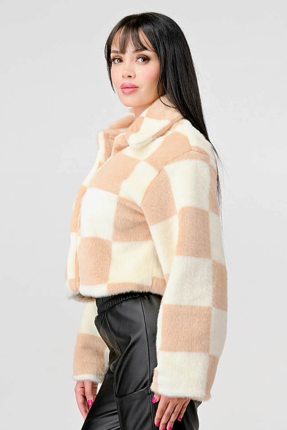 COZY FAUX FUR PLAID BUTTON DOWN FUZZY JACKETS