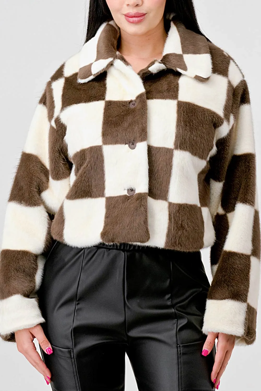 COZY FAUX FUR PLAID BUTTON DOWN FUZZY JACKETS