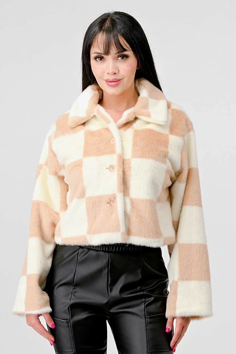 COZY FAUX FUR PLAID BUTTON DOWN FUZZY JACKETS