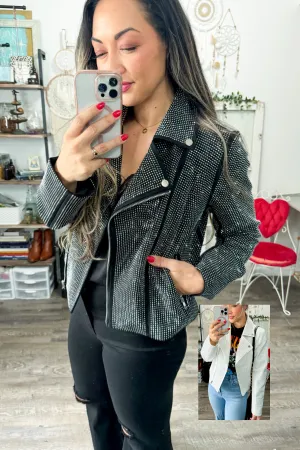 Crystal Studded Stretch Zip Up Moto Jacket